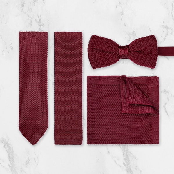 Burgundy Red Knitted Tie. Handmade 100% Soft Polyester Bow Tie Pocket Square Set. Woven Tie. Wedding Tie BowTie. Groom & Groomsmen