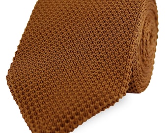 Caramel Brown Knitted Tie. Brown Handmade Soft Polyester BowTie Pocket Square Set. Woven Tie. Wedding Tie BowTie. Groom & Groomsmen