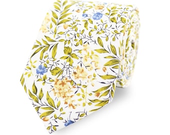 Yellow Floral Tie Pocket Square And Bow Tie Options, Handmade 100% Cotton, Gents Yellow Wedding Tie, Groom Groomsmen Children Bow Tie