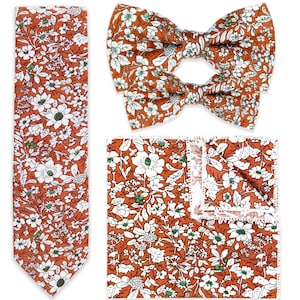 Orange Floral Tie Pocket Square And Bow Tie Options, Handmade 100% Cotton, Gents Burnt Orange Wedding Tie, Groom Groomsmen Children Bow Tie