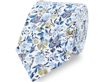 Blue Floral Neck Tie, Pocket Square And Bow Tie Variations | Handmade From 100% Cotton | Men's Wedding Tie For Groom & Groomsmen