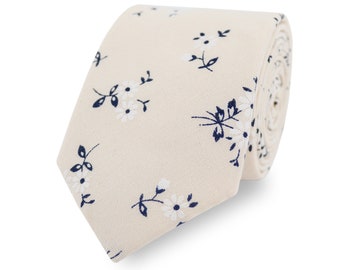 100% Cotton Floral Tie Handmade In Ivory And Navy | Flower Tie | Wedding Tie | Groom & Groomsmen |