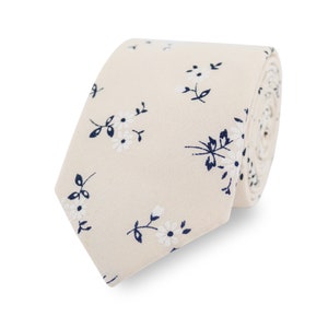 100% Cotton Floral Tie Handmade In Ivory And Navy | Flower Tie | Wedding Tie | Groom & Groomsmen |