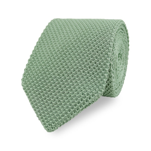 Sage Green Knitted Tie With Pointed End. Light Green Handmade 100% Soft Polyester Tie. Woven Tie. Wedding Tie. Groom & Groomsmen Accessories