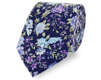 Cotton Floral Tie Handmade Navy Blue And Purple, Flower Tie, Wedding Tie, Gift For Men, Groom & Groomsmen Wedding Ties And Accessories