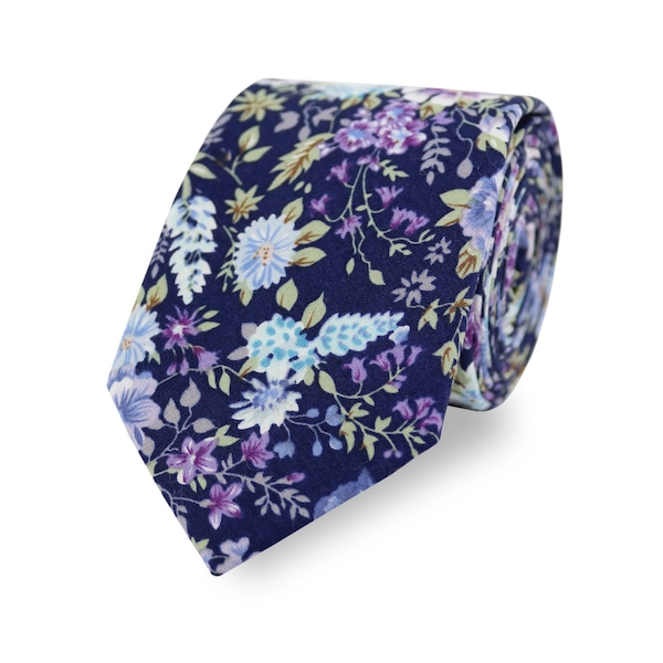 Cotton Floral Tie Handmade Navy Blue And Purple, Flower Tie, Wedding Tie, Gift For Men, Groom & Groomsmen Wedding Ties And Accessories