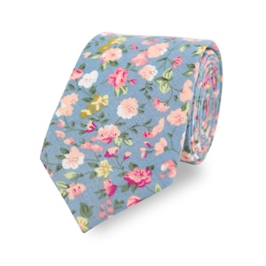 Blue And Pink Floral Tie, 100% Cotton Handmade, Flower Tie, Wedding Tie, Groom & Groomsmen, Gents Wedding Ties And Accessories