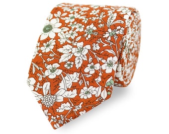Orange Floral Tie, 100% Cotton Handmade, Wedding Tie, Gift For Men, Groom, Groomsmen & Page Boy