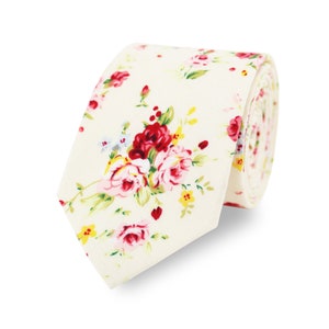 Cream And Red Floral Men&#39;s Wedding Tie | Handmade 100% Cotton | Ivory Wedding Tie | Groom Groomsmen & Child Page Boy Tie