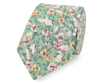 Sage Green Floral Tie, Handmade in 100% Cotton, Flower Tie, Wedding Tie, Groom & Groomsmen, Men's Floral Tie For Wedding