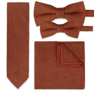 Men's Rust Neck Tie, Bow Tie & Pocket Square Variations Made In Brushed Cotton | Formal Accessories | Gift For Him | Wedding Tie