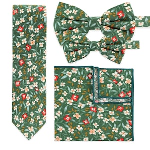 Handmade Sage Green Floral Print Cotton Tie, Bowtie, Pocket Square Options – 100% Cotton Necktie, Mens Wedding Tie, Luxury Groom Groomsmen