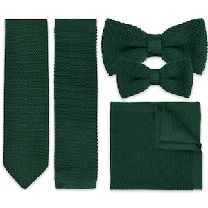 Dark Green Knitted Neck Tie, Bow Tie & Pocket Square Variations Made In Soft Polyester | Formal Accessories | Gift For Him | Wedding Tie