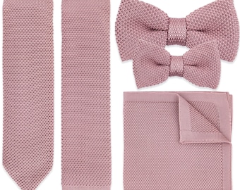 Dusty Pink Knitted Neck Tie, Bow Tie & Pocket Square Variations Made In Soft Polyester | Formal Accessories | Gift For Him | Wedding Tie