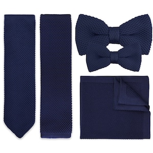 Navy Blue Knitted Neck Tie, Bow Tie & Pocket Square Variations Made From Soft Polyester | Formal Accessories | Gift For Him | Wedding Tie