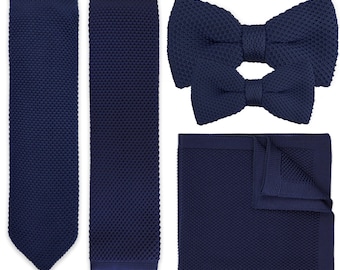 Navy Blue Knitted Neck Tie, Bow Tie & Pocket Square Variations Made From Soft Polyester | Formal Accessories | Gift For Him | Wedding Tie