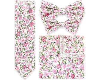 Rose Rose Floral Tie Pocket Square et options de nœud papillon, fait à la main 100% coton, cravate de mariage rose blush pour hommes, nœud papillon pour enfants de marié