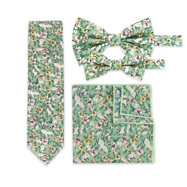 Sage Green Floral Tie Pocket Square And Bow Tie Options, Handmade 100% Cotton, Gents Green Wedding Tie For Groom Groomsmen Children Bow Tie