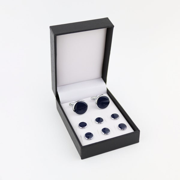 Navy Blue Dress Shirt Tuxedo Studs And Cufflink Set. Formal Gents Prom Accessories.