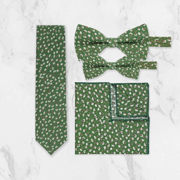 Floral Tie And Matching Pocket Square Set in Green | Wedding Tie | Groomsmen | Best Man Tie | Wedding Outfit | Groom Ties