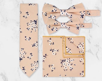 Peach Floral Tie | Matching Pocket Square And BowTie | Handmade 100% Cotton | Wedding Tie Set | Groom Groomsmen & Child Page Boy Tie