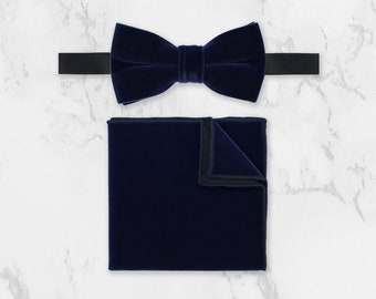 Navy Blue Velvet Bow Tie & Pocket Square Set | Tuxedo or Prom Bowtie Necktie | Eventwear