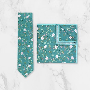 Handmade Teal Blue Floral Print Cotton Tie, Bowtie, Pocket Square Option – 100% Cotton Necktie, Mens Wedding Necktie, Luxury Groom Groomsmen