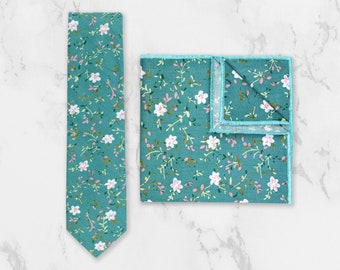 Handmade Teal Blue Green 100% Cotton Floral Tie. Flower Tie. Wedding Tie. Gift For Men. Groom & Groomsmen