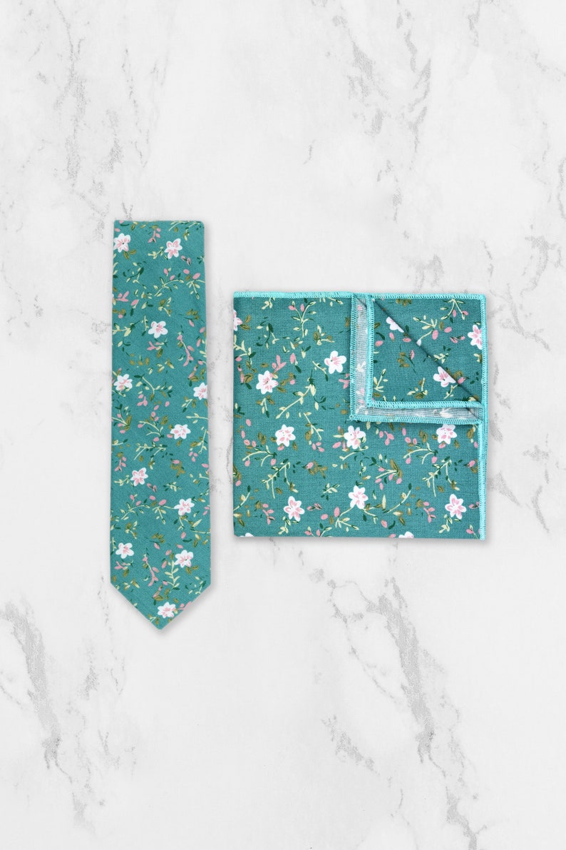 Handmade Teal Blue Green 100% Cotton Floral Tie. Flower Tie. Wedding Tie. Gift For Men. Groom & Groomsmen Tie & PS