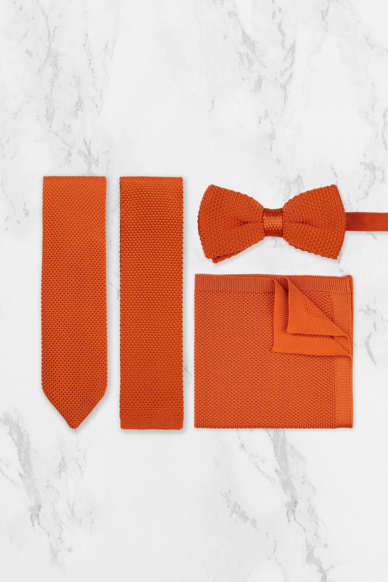 Handmade 100% Soft Polyester Burnt Orange Knitted Tie Bow Tie Pocket Square Set. Woven Tie. Wedding Tie BowTie. Groom & Groomsmen Accessory image 1