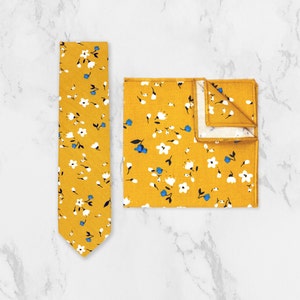 Yellow Floral Tie. Matching Pocket Square And BowTie. Handmade 100% Cotton. Wedding Tie Set. Groom Groomsmen & Child Page Boy Tie. Tie & PS