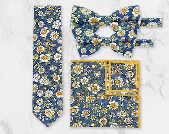 Handmade Blue And Mustard Yellow 100% Cotton Floral Tie. Flower Ties. Wedding Tie. Gift For Men. Groom & Groomsmen Wedding Accessories