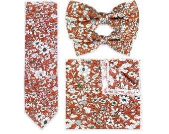 Orange Floral Tie Pocket Square And Bow Tie Options, Handmade 100% Cotton, Gents Burnt Orange Wedding Tie, Groom Groomsmen Children Bow Tie