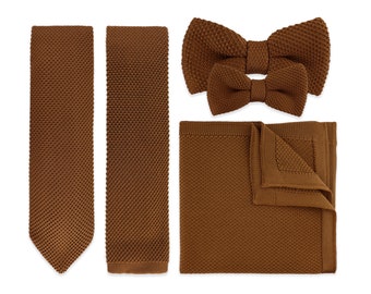 Caramel Brown Knitted Tie. Brown Handmade Soft Polyester BowTie Pocket Square Set. Woven Tie. Wedding Tie BowTie. Groom & Groomsmen