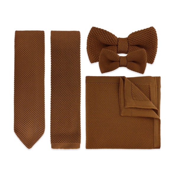 Caramel Brown Knitted Tie. Brown Handmade Soft Polyester BowTie Pocket Square Set. Woven Tie. Wedding Tie BowTie. Groom & Groomsmen