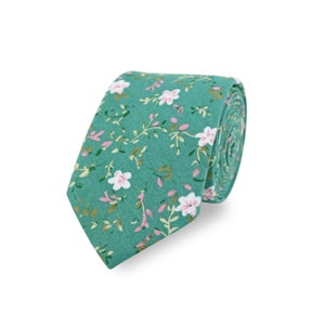 Handmade Teal Blue Green 100% Cotton Floral Tie. Flower Tie. Wedding Tie. Gift For Men. Groom & Groomsmen Tie