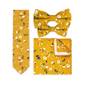 Yellow Floral Tie. Matching Pocket Square And BowTie. Handmade 100% Cotton. Wedding Tie Set. Groom Groomsmen & Child Page Boy Tie. image 1