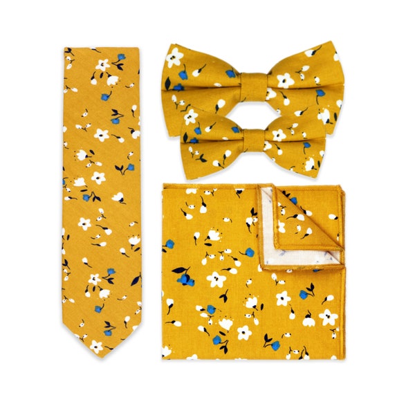 Yellow Floral Tie. Matching Pocket Square And BowTie. Handmade 100% Cotton. Wedding Tie Set. Groom Groomsmen & Child Page Boy Tie.