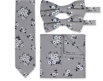 Grey Floral Tie Pocket Square And Bow Tie Options, Handmade 100% Cotton, Gents Monochrome Wedding Tie For Groom Groomsmen Children Bow Tie