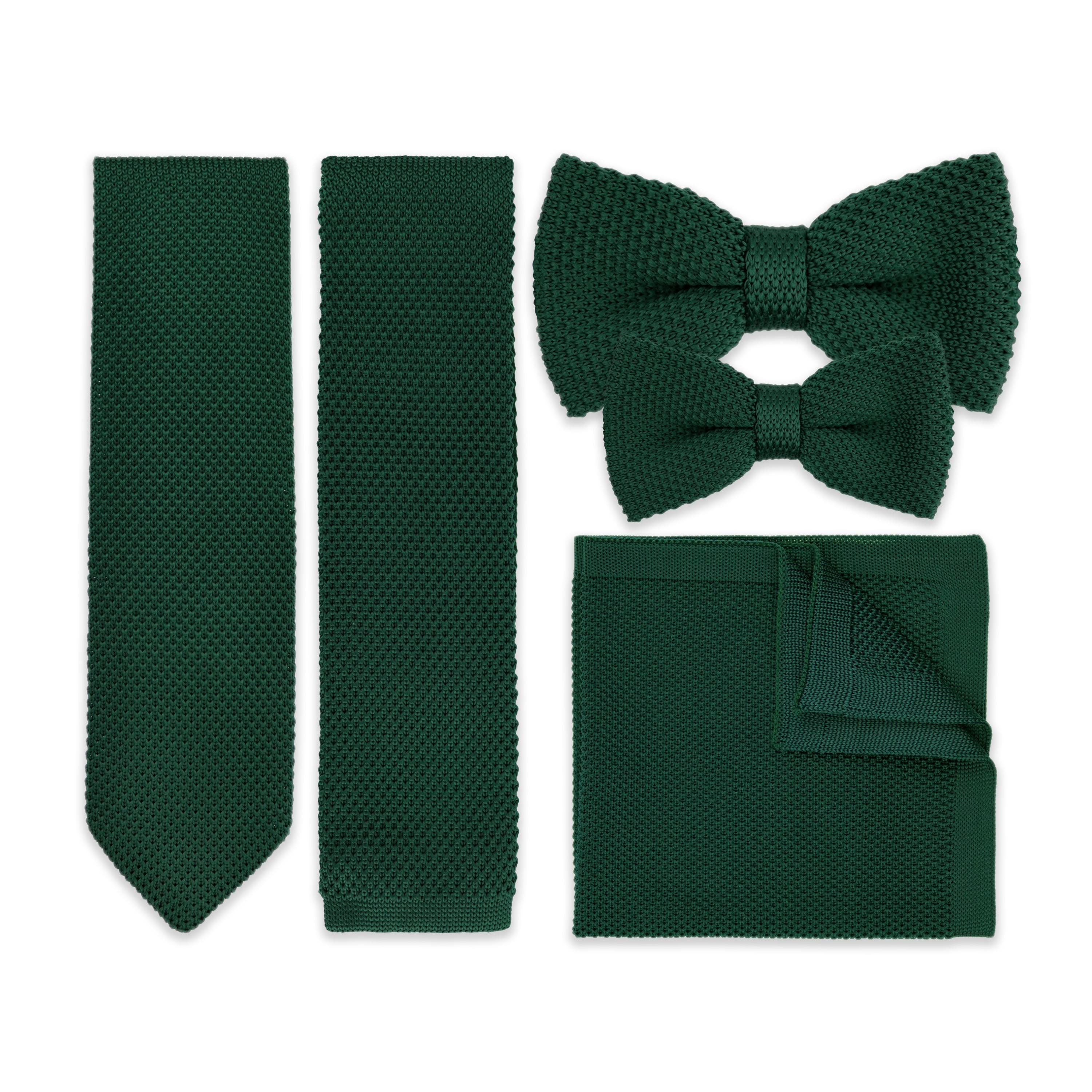 Dark Green Knitted Neck Tie, Bow Tie & Pocket Square Variations Made In Soft Polyester | Formal Accessories | Gift For Him | Wedding Tie
