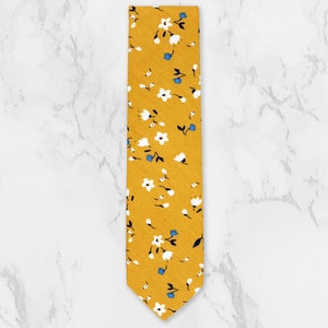 Yellow Floral Tie. Matching Pocket Square And BowTie. Handmade 100% Cotton. Wedding Tie Set. Groom Groomsmen & Child Page Boy Tie. Tie