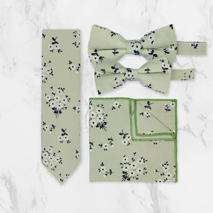 Sage Green Floral Neck Tie, Bow Tie & Pocket Square Variations Made In 100% Cotton | Formal Accessories | Gift For Him | Wedding Tie