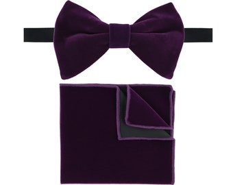Dark Purple Velvet Oversized Bow Tie & Pocket Square Set | Tuxedo or Prom Bowtie Necktie | Eventwear | Gents Bow Tie