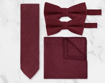 Dark Red Tie And Matching Pocket Square Set. Handmade 100% Premium Cotton. Wedding Tie Set. Groom, Groomsmen Or Child Page Boy Tie