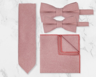 Tie And Matching Pocket Square Set in Dusty Pink. Handmade 100% Premium Cotton. Wedding Tie Set. Groom, Groomsmen Or Child Page Boy Tie