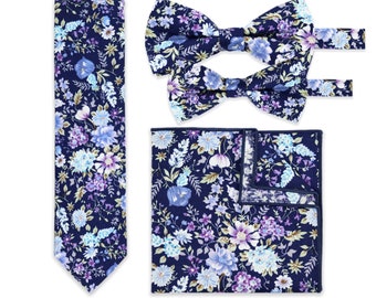 Navy Blue And Purple Floral Tie Pocket Square And Bow Tie Options, Handmade 100% Cotton, Gents Wedding Tie, Groom Groomsmen Children Bow Tie