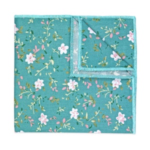 Handmade Teal Blue Green 100% Cotton Floral Tie. Flower Tie. Wedding Tie. Gift For Men. Groom & Groomsmen Pocket Square (PS)