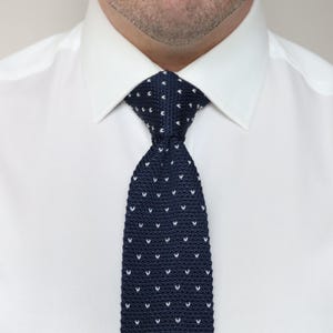 Navy Blue Knitted Tie With White &quot;V&quot; Dots. Handmade Soft Polyester Tie. Woven Tie. Wedding Tie. Groom & Groomsmen Neck Ties