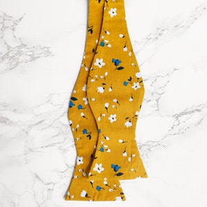 Yellow Floral Tie. Matching Pocket Square And BowTie. Handmade 100% Cotton. Wedding Tie Set. Groom Groomsmen & Child Page Boy Tie. Self-Tie Bow Tie