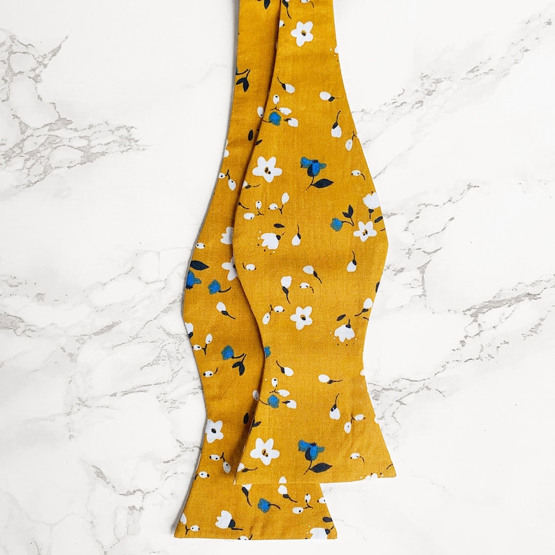 Yellow Floral Tie. Matching Pocket Square And BowTie. Handmade 100% Cotton. Wedding Tie Set. Groom Groomsmen & Child Page Boy Tie. Self-Tie Bow Tie